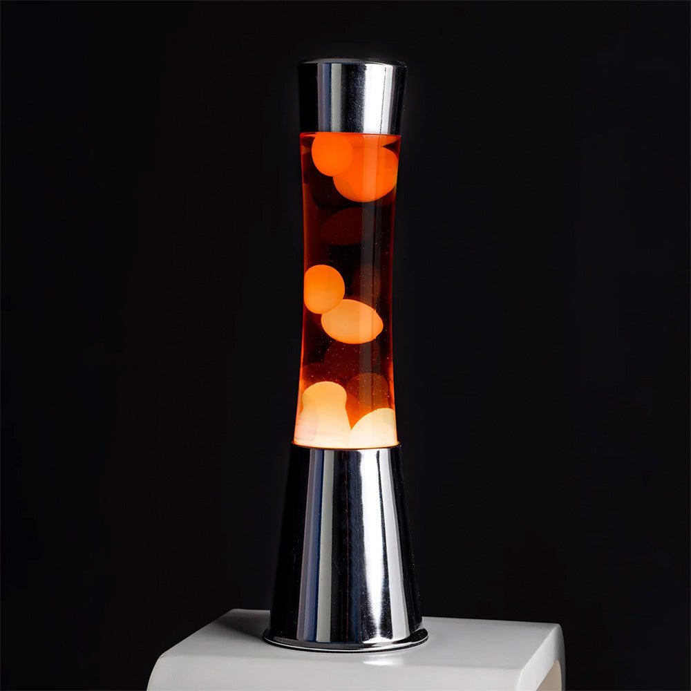 Lámpara de Lava con Base Cromo, Líquido naranja y Lava Naranja