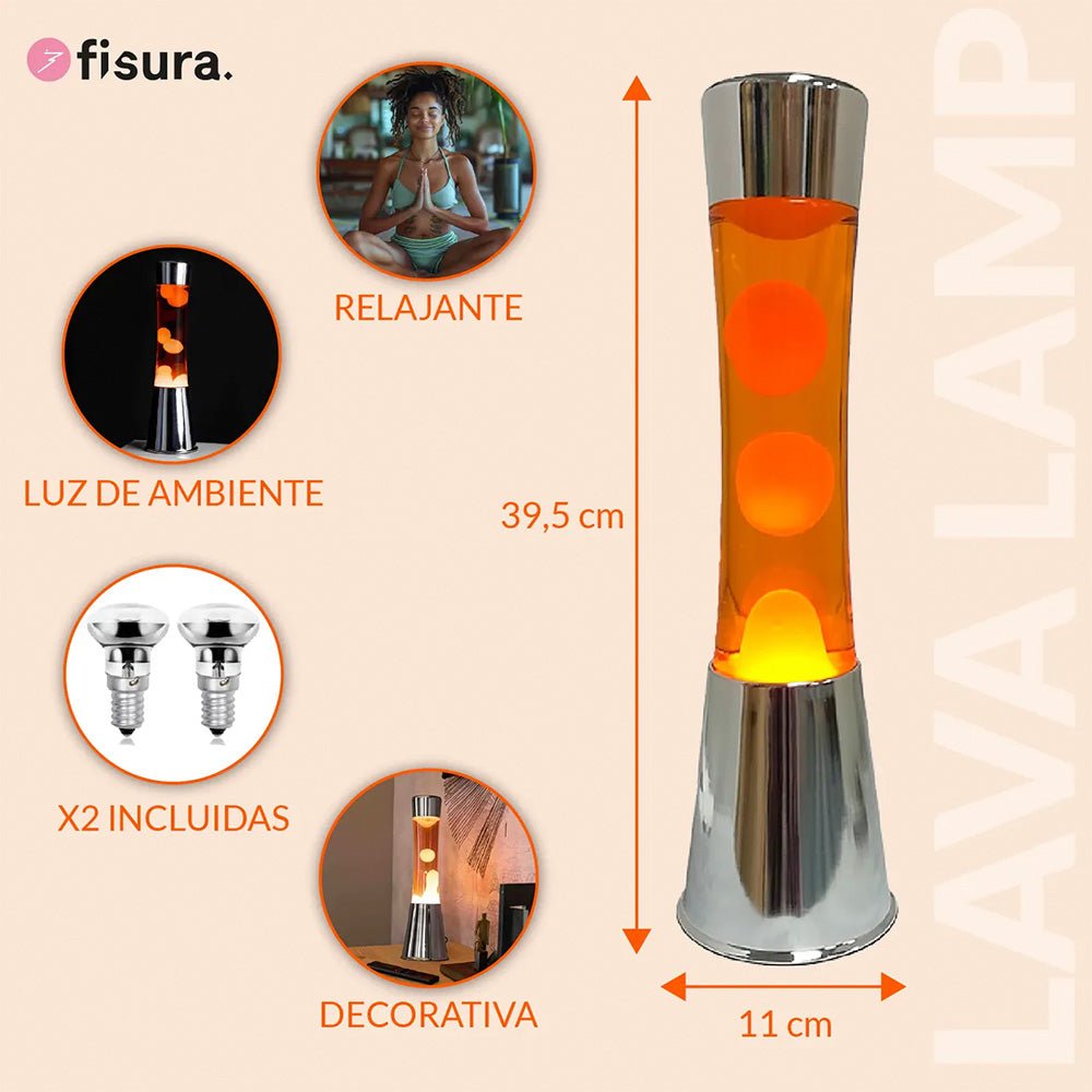 Lámpara de Lava con Base Cromo, Líquido naranja y Lava Naranja