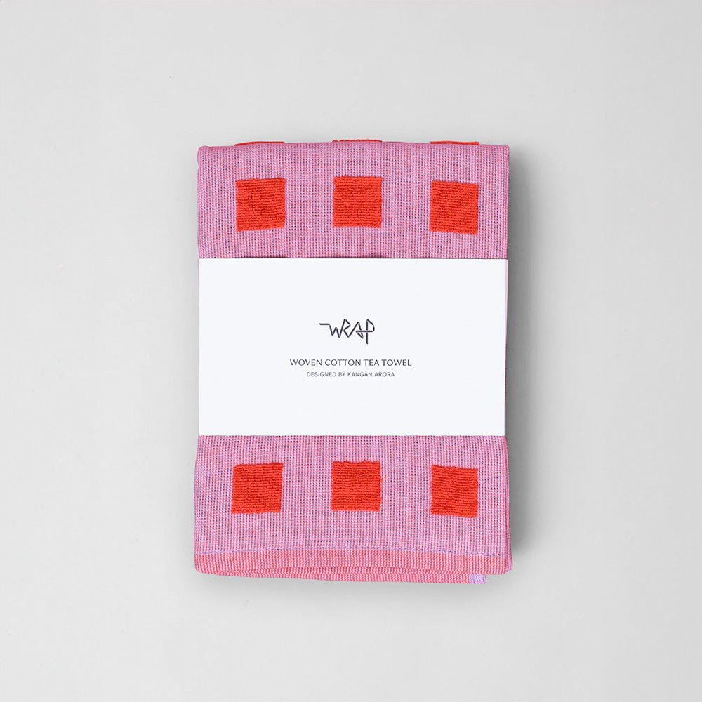 Squares Lilac Warm Red Cotton Tea Towel