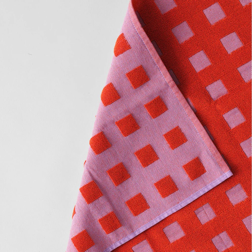 Squares Lilac Warm Red Cotton Tea Towel