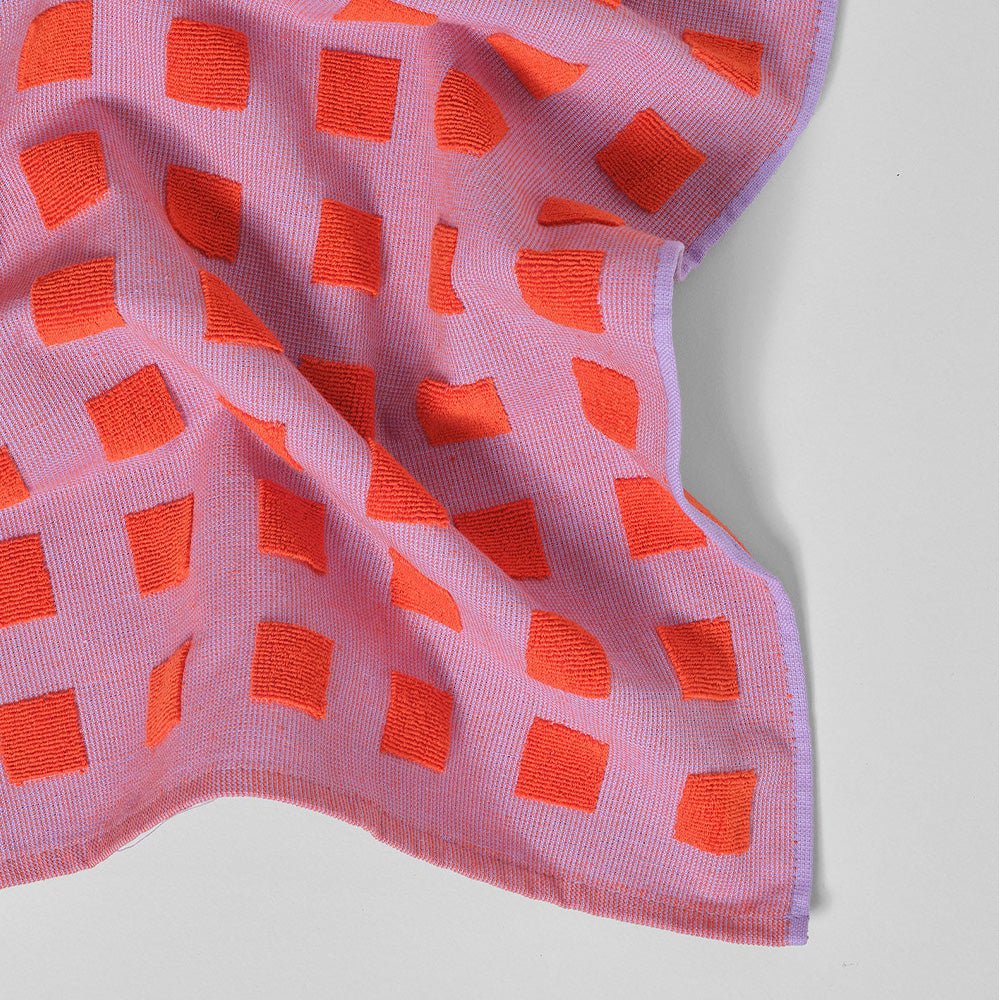 Squares Lilac Warm Red Cotton Tea Towel