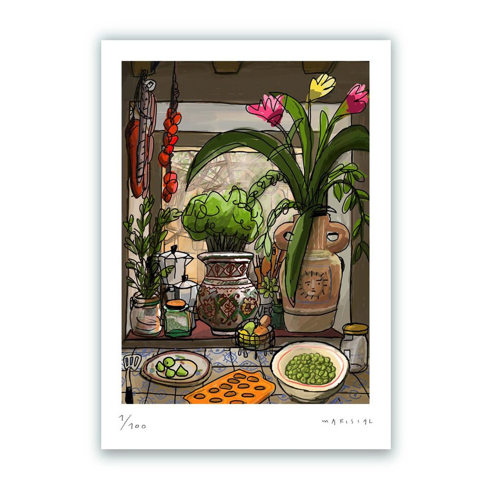 Ventana de la Cocina con Flores Impresión Fine Art
