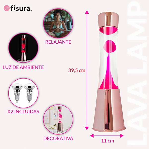 Lampe à lave avec base or rose, liquide transparent et lave magenta