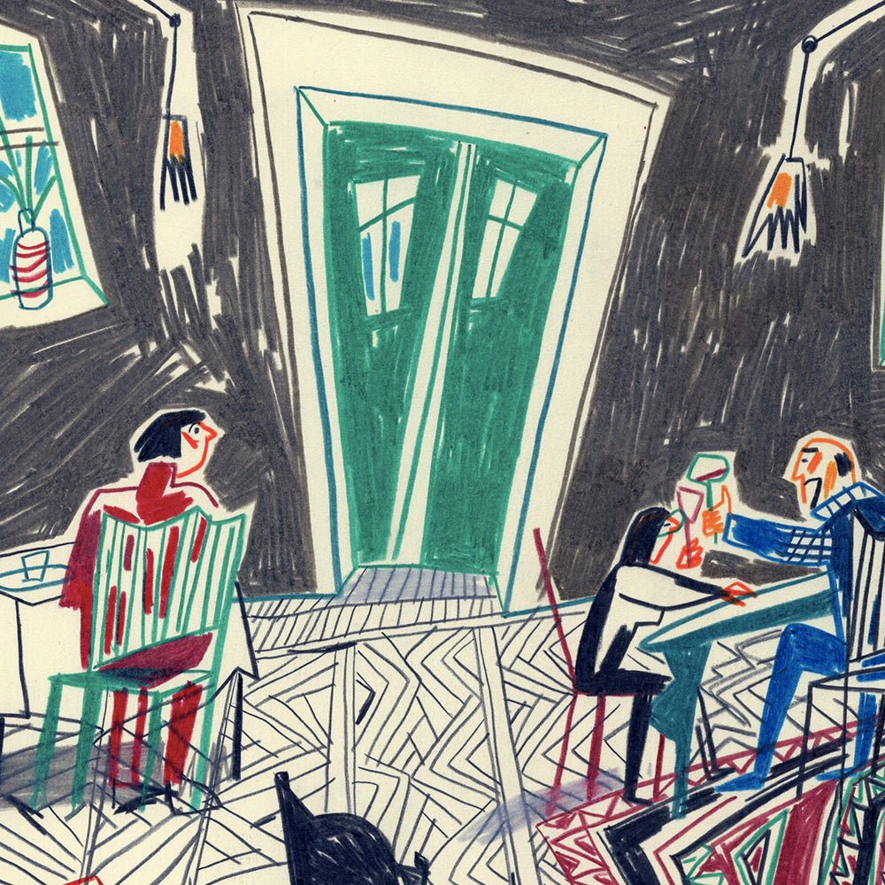 Impression giclée « Dîner, vin et tapis »