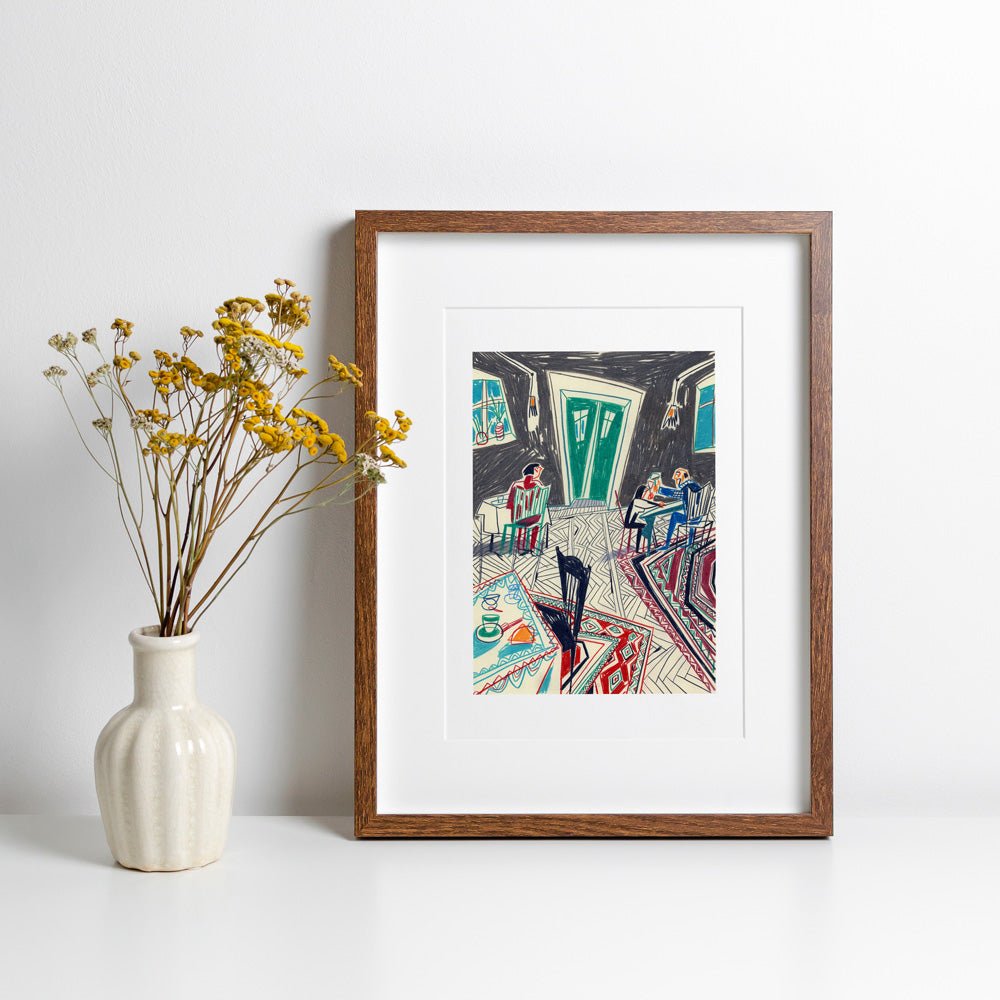 Impression giclée « Dîner, vin et tapis »
