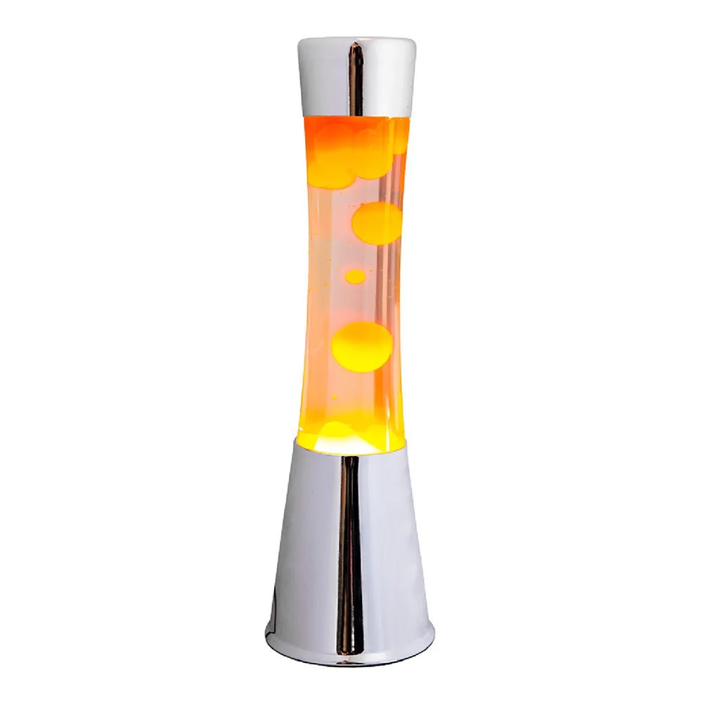 Lámpara de Lava con Base Cromo, Líquido Transparente y Lava Naranja