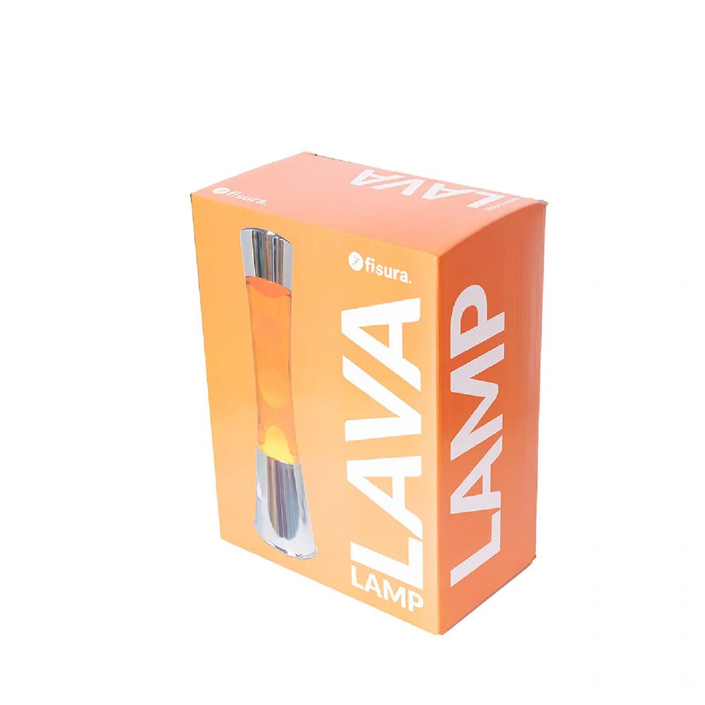 Lámpara de Lava con Base Cromo, Líquido Transparente y Lava Naranja