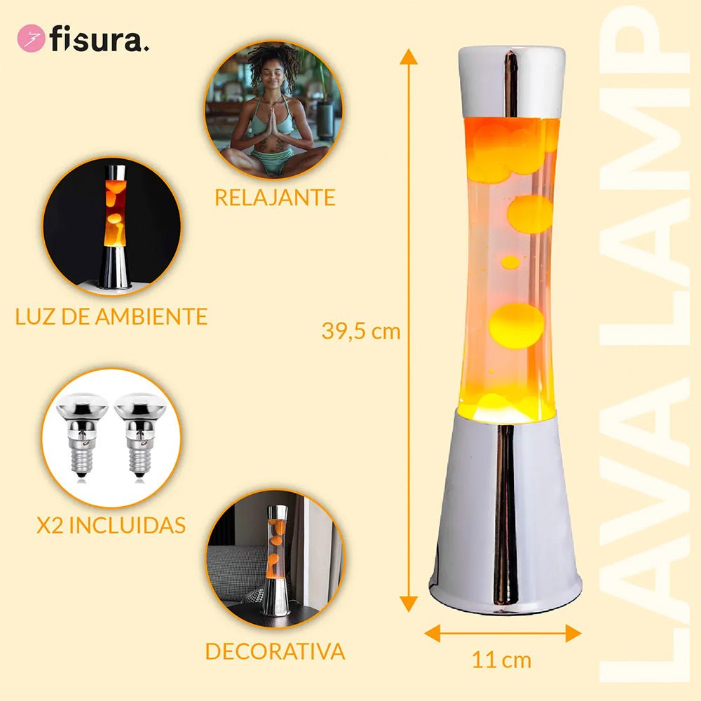 Lámpara de Lava con Base Cromo, Líquido Transparente y Lava Naranja