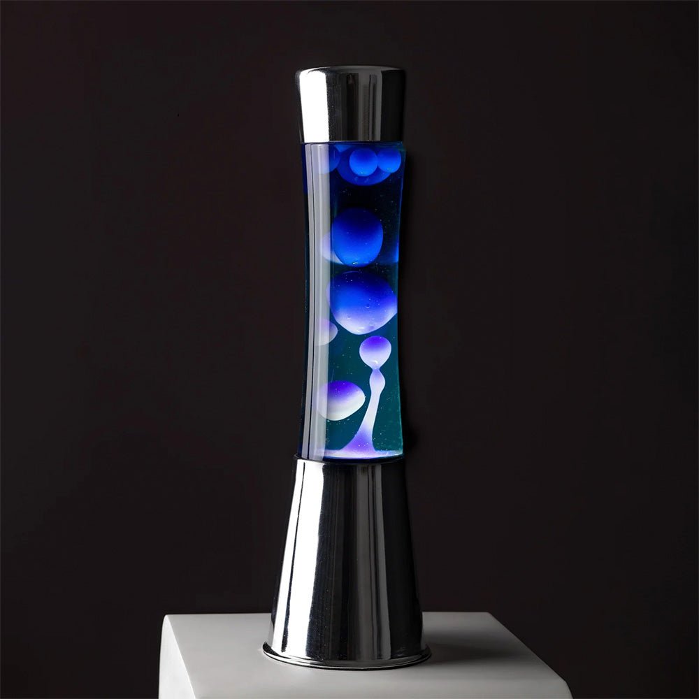 Lampe à lave avec socle chromé, liquide et lave bleus