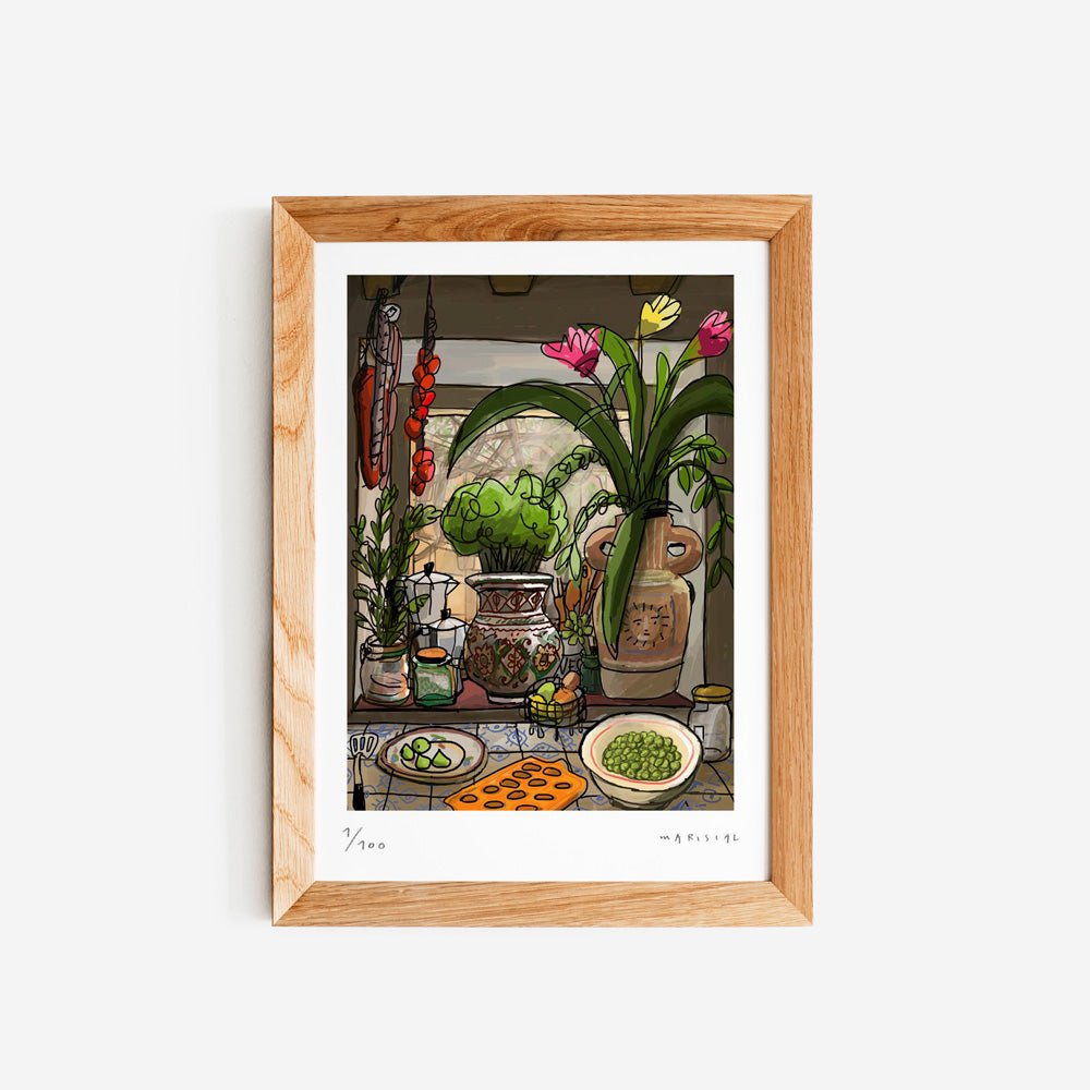 Fenêtre de cuisine avec fleurs Fine Art Print A4