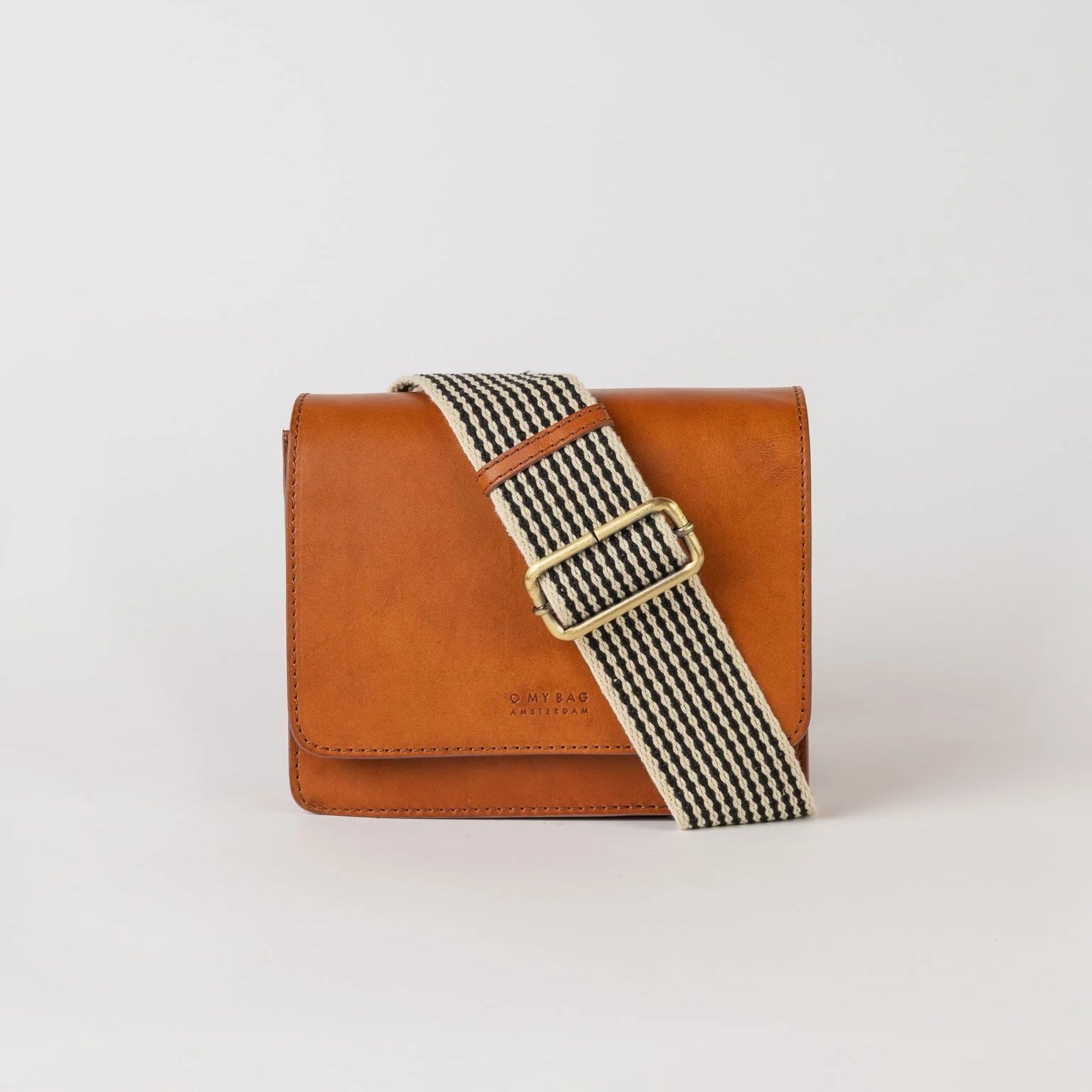 Audrey Mini Cognac Classic Leather (Checkered Webbing/Leather Strap)