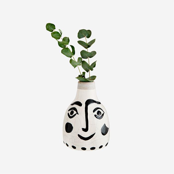 Vase en grès avec visage blanc/noir (14x21)